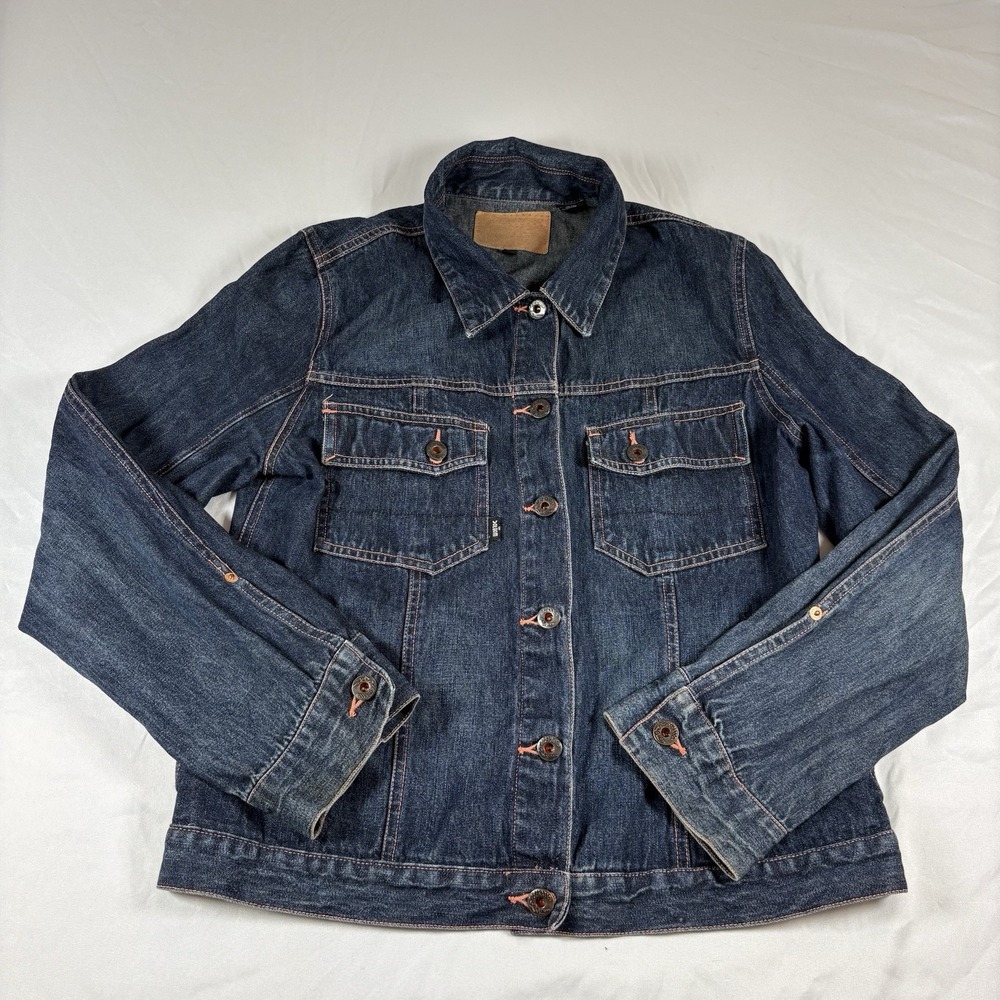 Vintage Y2K VOLCOM‎ Denim Trucker Jacket Womens Size Large Blue Dark Wash Grunge